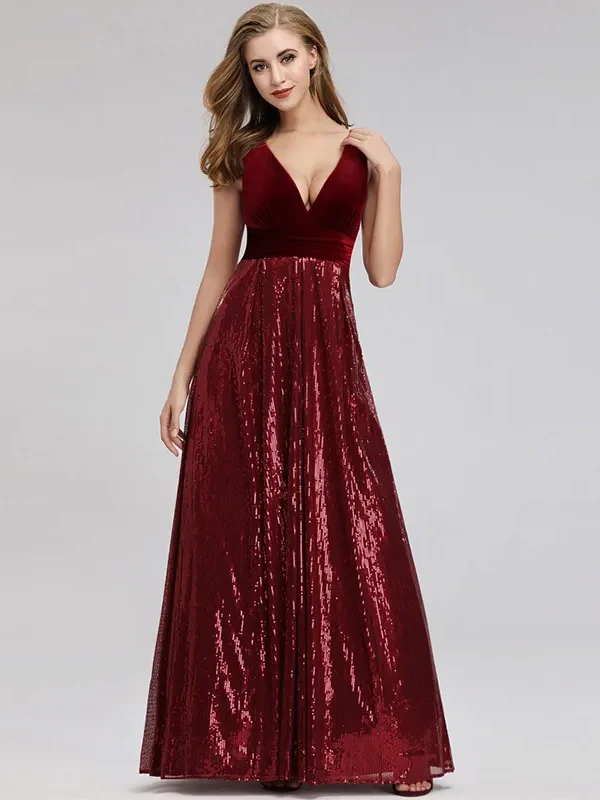 Sequin Patchwork Velvet V-Neck Sleeveless A Line Maxi Evening Dress Elegant