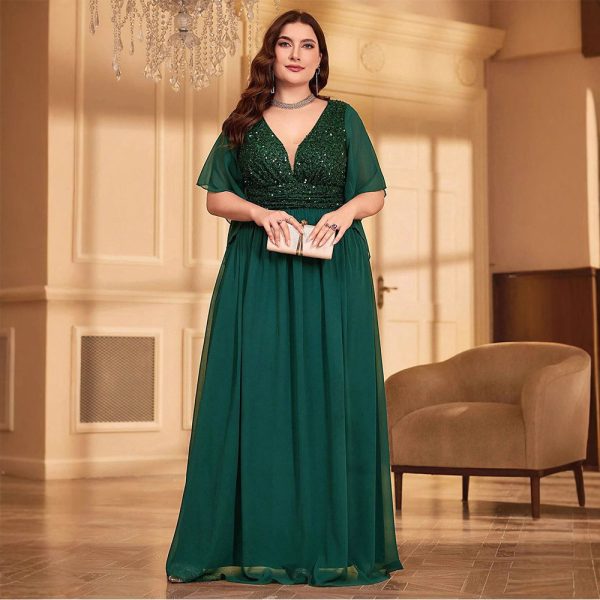 Elegant Plus Size V-Neck Sequin Chiffon Maxi Evening Dress