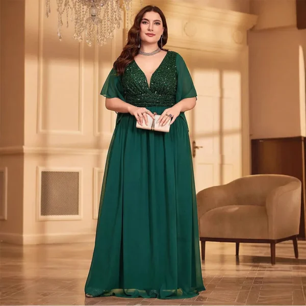 Elegant Plus Size V-Neck Sequin Chiffon Maxi Evening Dress