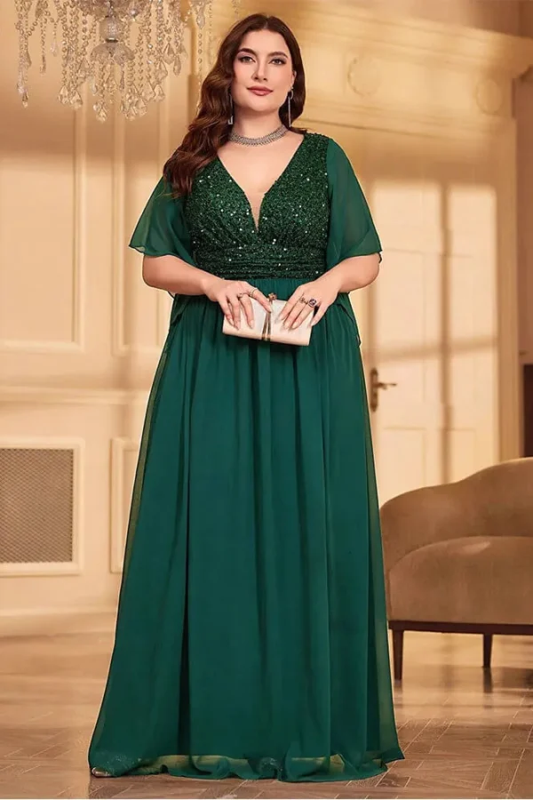 Elegant Plus Size V-Neck Sequin Chiffon Maxi Evening Dress