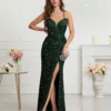 Womens Sequin Bodycon Evening Dress Spaghetti Strap V-Neck High Slit