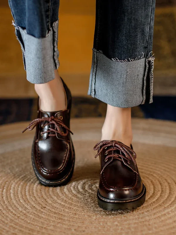 Womens Preppy Round Toe Lace-Up Leather Platform Shoes Oxfords