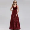 Sequin Patchwork Velvet V-Neck Sleeveless A Line Maxi Evening Dress Elegant