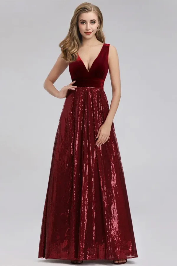 Sequin Patchwork Velvet V-Neck Sleeveless A Line Maxi Evening Dress Elegant
