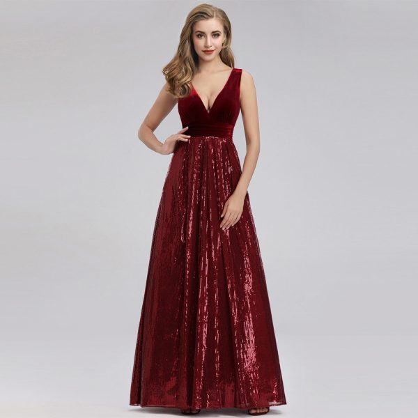 Wine Red Sequin Velvet Patchwork Sleeveless V-Neck A-Line Maxi Dress