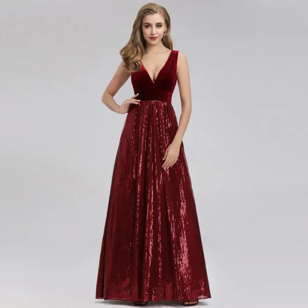 Wine Red Sequin Velvet Patchwork Sleeveless V-Neck A-Line Maxi Dress
