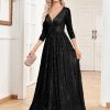 Sequin Evening Dress Women Long Sleeve V-Neck Elegant Maxi Gown
