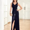 Womens Elegant Sequin Evening Cocktail Dress Deep-V Asymmetric Slit Slim