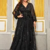 Plus Size Sequin V-Neck Lantern Sleeve High Waist Maxi Evening Dress