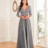 Sequin V-Neck Long Sleeve Satin Evening Gown Plus Size