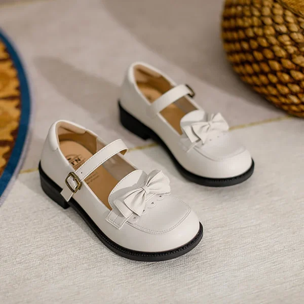 Womens Lolita Mary Jane Round Toe Bow Buckle Waxed Leather Low Heel Breathable