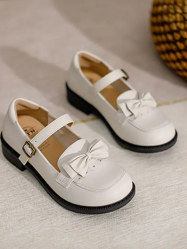 Womens Lolita Mary Jane Round Toe Bow Buckle Waxed Leather Low Heel Breathable