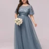 Women Plus Size Elegant Sequin Embroidery Short Sleeve Tulle Evening Gown Dress