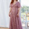 Plus Size Embroidered Sequin Evening Dress Deep V Flounce Sleeve Mermaid Train