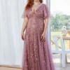 Plus Size Embroidered Sequin Evening Dress Deep V Flounce Sleeve Mermaid Train