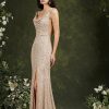 Sequin Evening Dress Sleeveless Draped Neckline Slit Maxi Elegant