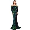 Sequin Dress Feather Off Shoulder Long Sleeve Mermaid Evening Gown