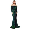 Sequin Dress Feather Off Shoulder Long Sleeve Mermaid Evening Gown