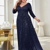 Women Plus Size Sequin Long Sleeve V-Neck Elegant Evening Party Dress