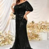 Plus Size Sequin Dress V-Neck Half Sleeve Slim Flowy Evening Gown
