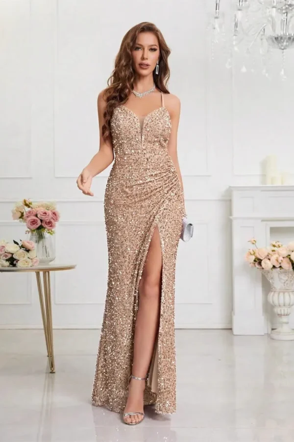 Womens Sequin Bodycon Evening Dress Spaghetti Strap V-Neck High Slit