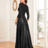 Sequin V-Neck Long Sleeve Satin Evening Gown Plus Size