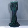 Sequin Dress Feather Off Shoulder Long Sleeve Mermaid Evening Gown