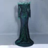 Sequin Dress Feather Off Shoulder Long Sleeve Mermaid Evening Gown