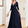 Womens Sequin V-Neck Long Sleeve Slim Maxi Evening Dress
