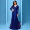 Sequin Long Sleeve V-Neck Elegant Maxi Evening Gown Women Dress
