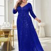 Women Plus Size Sequin Long Sleeve V-Neck Elegant Evening Party Dress