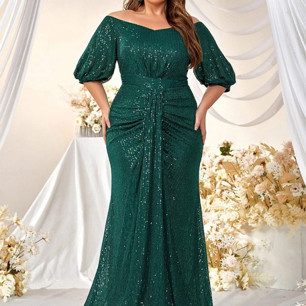 Plus Size Sequin Dress V-Neck Half Sleeve Slim Flowy Evening Gown