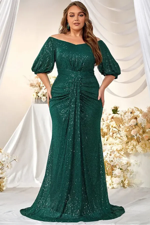 Plus Size Sequin Dress V-Neck Half Sleeve Slim Flowy Evening Gown