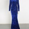 Long Sleeve Sequin Stretch Velvet Mermaid Evening Dress