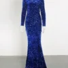 Long Sleeve Sequin Stretch Velvet Mermaid Evening Dress