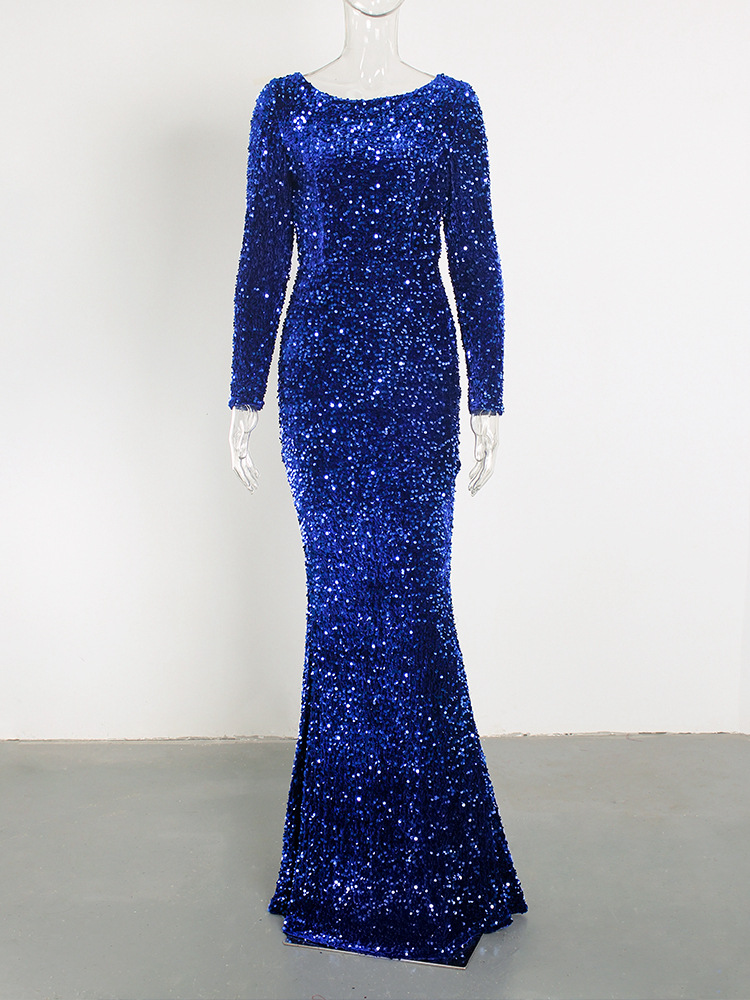 Long Sleeve Sequin Stretch Velvet Mermaid Evening Dress