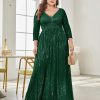 Women Plus Size Sequin Long Sleeve V-Neck Elegant Evening Party Dress