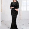 Long Sleeve Sequin Stretch Velvet Mermaid Evening Dress