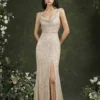 Sequin Evening Dress Sleeveless Draped Neckline Slit Maxi Elegant