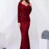 Sequin Velvet Long Sleeve V-Neck Mermaid Evening Gown Formal Party Dress