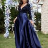 Plus Size V-neck Sequin Dress Velvet Long Sleeve Evening Gown