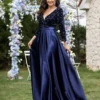 Plus Size V-neck Sequin Dress Velvet Long Sleeve Evening Gown