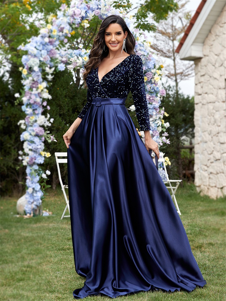 Plus Size V-neck Sequin Dress Velvet Long Sleeve Evening Gown