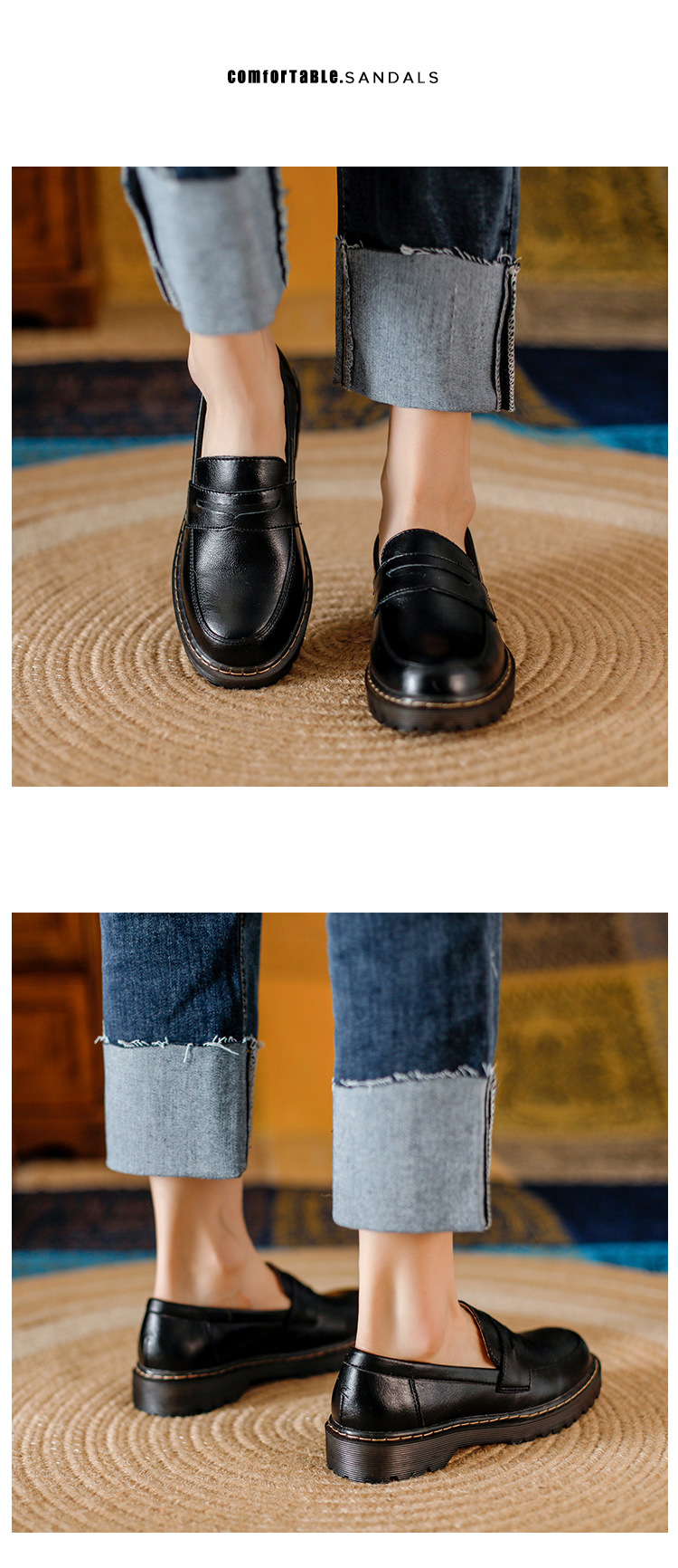 Womens Retro Round Toe Leather Loafer Flats Shoes Slip On Casual All Season