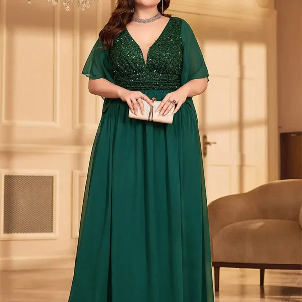 Elegant Plus Size V-Neck Sequin Chiffon Maxi Evening Dress
