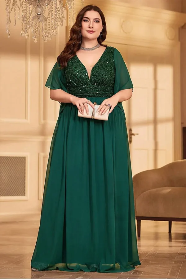 Elegant Plus Size V-Neck Sequin Chiffon Maxi Evening Dress