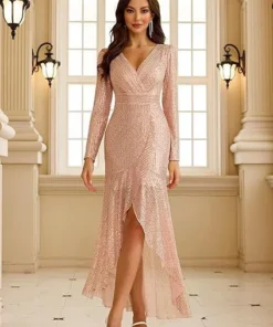 Elegant VNeck Long Sleeve Sequin Long Evening Dress Wedding Guest Cocktail
