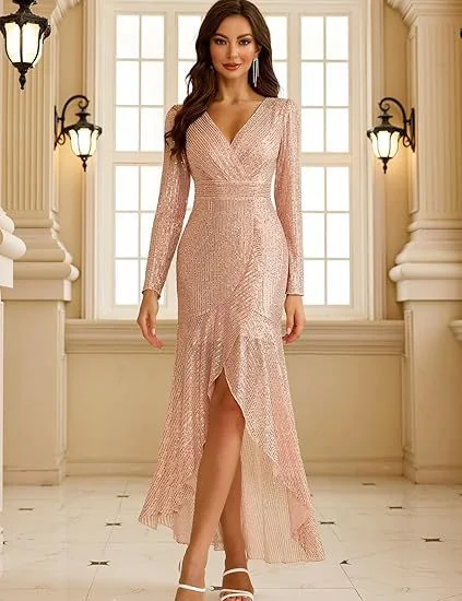 Elegant VNeck Long Sleeve Sequin Long Evening Dress Wedding Guest Cocktail