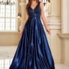 Deep-V Sleeveless Sequin Elegant Evening Gown Bridesmaid Plus Size