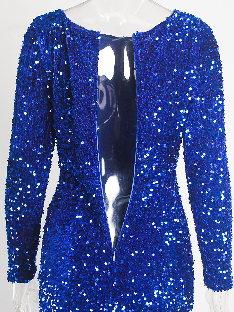 Long Sleeve Sequin Stretch Velvet Mermaid Evening Dress